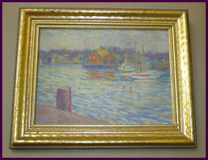 Vintage Impressionist Oil Painting of Sailboats and Boathouse on Artist Board, Signed B. N. Riley